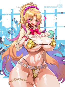 1girl :d amesuku_gyaru animal_print bag bangle barbariana_(last_origin) belt bikini black_choker blonde_hair blush bow bowtie bracelet breast_suppress breasts buckle cameltoe cat_print cellphone choker cleavage collarbone collared_shirt curvy fang floating_paper gem gluteal_fold gold_thighlet gradient_hair green_eyes green_gemstone green_scrunchie groin gyaru hair_ornament hair_scrunchie handbag heart heart-shaped_buckle heart_belt_buckle highleg highleg_bikini highres huge_breasts indoors jewelry kogal last_origin leopard_print leopard_print_bikini light_particles linea_alba long_hair long_sleeves looking_at_viewer micro_bikini microskirt midriff multicolored_hair nail_polish navel navel_piercing o-ring o-ring_bikini o-ring_bikini_bottom o-ring_choker o-ring_thigh_strap o-ring_top official_alternate_costume open_mouth paizuri_invitation paper parted_bangs partially_visible_vulva phone piercing pink_bow pink_bowtie pink_hair pink_nails pixiv_id ponytail print_bikini purple_scrunchie rabbit_print revealing_clothes school_uniform scrunchie shiny_skin shirt signature skindentation skirt smile solo standing stomach streaked_hair sweater swimsuit teeth thick_thighs thigh_strap thighlet thighs thong thong_bikini tongue twitter_username umigarasu_(kitsune1963) underboob very_long_hair white_belt white_shirt wide_hips wrist_scrunchie