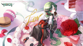 Rule 34 | 1girl, asymmetrical wings, black dress, blush, bow, cake, candy, cherry, chocolate, chocolate bar, dress, eating, feet out of frame, flower, food, fruit, green hair, green ribbon, hair ribbon, high heels, highres, indie virtual youtuber, kokko (kokko3045), long hair, looking at viewer, macaron, mochahyeong, off-shoulder dress, off shoulder, petals, red bow, red eyes, red flower, red ribbon, red rose, ribbon, rose, virtual youtuber, wings