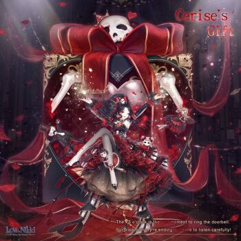 1girl artist_request bare_shoulders black_dress black_hair black_shoes black_sleeves bottle bow breasts brooch cerise's_gift_(miracle_nikki) character_name copyright_logo crown detached_sleeves dress earrings english_text flower frilled_sleeves frills full_body gold_crown grey_pantyhose hair_bow hair_ornament halloween heart heart_brooch heart_earrings high_heels high_ponytail in_bottle in_container indoors jewelry large_breasts light_particles lipstick logo long_dress long_hair long_sidelocks long_sleeves looking_at_viewer makeup mini_crown miracle_nikki multicolored_hair nikki_(series) official_art one_eye_closed pantyhose parted_lips perfume_bottle petals ponytail puppet red_bow red_dress red_eyes red_flower red_lips red_rose rose rose_petals shoes sidelocks skeleton skull_hair_ornament smile solo sparkle star_(symbol) strapless strapless_dress streaked_hair third-party_source two-tone_dress