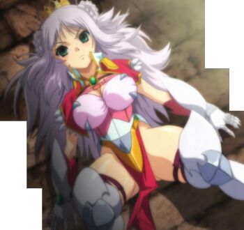 Rule 34 | 1girl, anime screenshot, armor, blush, boots, braid, breasts, brooch, catue dragundaala, cleavage, closed mouth, crown, crown braid, eyebrows, female focus, from above, gloves, gluteal fold, green eyes, jewelry, knight, large breasts, long hair, looking at viewer, lying, on back, on floor, princess, princess knight catue, purple hair, skindentation, solo, spread legs, stitched, thigh boots, thighhighs, third-party edit, twin braids