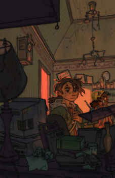 1boy 1girl artist_self-insert bandaid bandaid_on_face bandana book brown_eyes brown_hair ceiling_light clock cuckoo_clock dark-skinned_female dark_skin desk_lamp door facing_viewer fruiitlins glasses green_hoodie holding_strap hood hoodie lamp low_ponytail original photo_(object) ponytail portrait_(object) red_shirt shirt sweatdrop vase white_hood wide-eyed