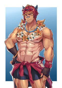 Rule 34 | 1boy, abs, absurdres, alternate skin color, animal ears, arm hair, aussummer, bandaid, bandaid on face, bandaid on nose, bara, bare pectorals, black male swimwear, blush, bulge, eyewear on head, feet out of frame, flower, flower necklace, highres, jewelry, large pectorals, league of legends, lifeguard, looking at viewer, male focus, male swimwear, muscular, muscular male, navel, navel hair, necklace, nipples, pectorals, red hair, sett (league of legends), short hair, smile, solo, stomach, swim briefs, tan, topless male, wet, whistle, whistle around neck, wolf ears