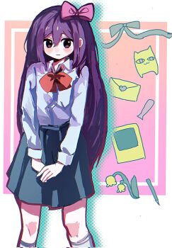 1girl alternate_costume aubrey_(headspace)_(omori) aubrey_(omori) big_yellow_cat_(omori) black_eyes blue_skirt blush border bow bowtie chromatic_aberration closed_mouth collared_shirt commentary_request double-parted_bangs envelope feet_out_of_frame flower gradient_background grey_shirt hair_between_eyes hair_bow halftone halftone_background heart highres inset_border kneehighs lily_of_the_valley long_hair long_sleeves looking_at_viewer miniskirt no_pupils omori orange_background outside_border own_hands_together pencil photo_(object) pink_background pink_bow pleated_skirt purple_hair red_bow red_bowtie school_uniform shirt sidelocks simple_background skirt smile socks solo standing straight_hair tokkooyaku v_arms very_long_hair white_border white_socks yellow_flower