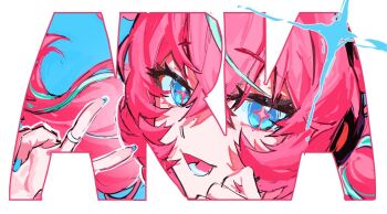 1girl aqua_hair aqua_streaks aria_(zenless_zone_zero) blue_background blue_eyes blue_nails character_name commentary crossed_bangs fingernails hair_between_eyes jewelry looking_at_viewer multicolored_hair open_mouth pink_hair portrait ring sanguinegaze simple_background solo sparkle streaked_hair symbol-only_commentary v white_background zenless_zone_zero