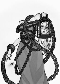 1girl bare_shoulders breasts cage cleavage commentary cuffs disembodied_head dress dullahan english_commentary frown greyscale highres holding holding_cage holding_detached_head lock long_dress long_hair medium_breasts monochrome mr_andres0n padlock parted_lips shackles slay_the_princess solo strapless strapless_dress the_cage_(slay_the_princess)