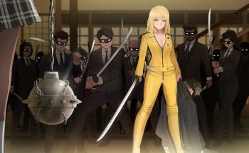 Rule 34 | 3girls, 6+boys, animification, bald, ball and chain (weapon), beard, beatrix kiddo, black footwear, black hair, black jacket, black mask, black necktie, black pants, blonde hair, blue eyes, blurry, blurry background, breasts, brown hair, cleavage, closed mouth, collared shirt, crazy 88, domino mask, dress shirt, eye mask, facial hair, fighting stance, formal clothes, glint, highres, holding, holding sword, holding weapon, indoors, jacket, jourd4n, jumpsuit, katana, kill bill, legs apart, long hair, long sleeves, mask, medium breasts, medium hair, multiple boys, multiple girls, necktie, over shoulder, pants, partially unzipped, plaid clothes, plaid skirt, pleated skirt, shirt, short hair, skirt, stairs, standing, suit, suit jacket, sword, weapon, weapon over shoulder, white shirt, yellow jumpsuit, yuubari gogo