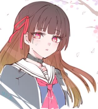 1girl alternate_hair_color black_choker black_jacket black_shirt brown_hair chisa_(wuthering_waves) choker commentary cropped_torso hachikuma_z highres jacket long_hair looking_at_viewer mole mole_under_eye neckerchief parted_lips red_eyes red_neckerchief red_ribbon ribbon sailor_collar shirt solo sweatdrop white_background white_sailor_collar wuthering_waves