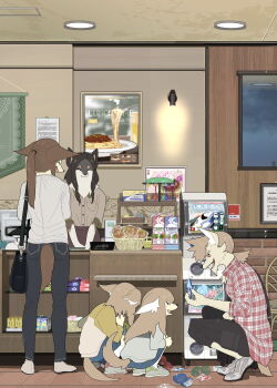 1boy 4girls ^_^ animal_ears bag banner black_background black_eyes black_hair black_pants blue_shorts brown_hair brown_shirt candy cash_register cashier ceiling_light chair child closed_eyes closed_mouth collared_shirt commentary_request denim denim_shorts dog_boy dog_ears dog_girl dog_tail family fang food furry furry_female furry_male gashapon glasses grey_footwear grey_shirt happy high_collar highres holding holding_bag holding_toy indoors jeans long_hair long_sleeves low_ponytail multiple_girls open_mouth original pants paper plaid_clothes plaid_shirt pocket ponytail red-framed_eyewear red_shirt red_skirt scenery shirt shoes shop short_ponytail short_sleeves shorts shoulder_bag single_stripe skirt smile snack sneakers squatting striped_clothes striped_shirt tail taracod three-quarter_sleeves toy two-tone_shirt white_footwear white_shirt white_shorts window yellow_shirt