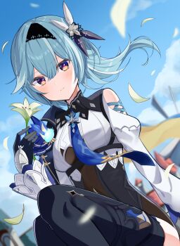 1girl absurdres black_boots black_gloves black_hairband blue_hair blue_necktie blue_sky blush boots breasts cape chest_harness clothing_cutout eula_(genshin_impact) flower genshin_impact gloves hairband harness high-waist_shorts highres holding holding_flower medium_breasts medium_hair necktie outdoors purple_eyes shorts shoulder_cutout side_cape siina_0320 sky smile solo thigh_boots vision_(genshin_impact)