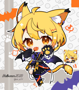 1girl :3 ahoge animal_ear_fluff animal_ear_piercing animal_ears animal_hands black_boots black_gloves blonde_hair blush boots candy cat_ears cat_girl cat_tail chibi chibi_only closed_mouth commentary_request dress food food_in_mouth full_body gloves grey_background halloween highres hololive kashiwase_karune lollipop long_sleeves looking_at_viewer outline paw_gloves purple_dress short_hair solo standing standing_on_one_leg swirl_lollipop tail twitter_username virtual_youtuber white_outline yozora_mel