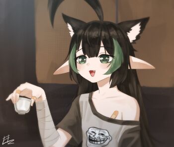 1girl _holding_cup ahoge alcohol animal_ears artist_initials bandaged_fingers bandages bandaid_on_chest black_hair cat_ears clavicles elf elfinpsyop elzielai green_eyes highres indie_virtual_youtuber loli long_hair loose_clothes loose_shirt open_mouth pointy_ears shirt solo trollface virtual_youtuber
