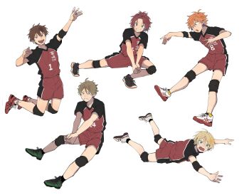 5boys akehoshi_subaru alternate_costume bangs_pinned_back blonde_hair blue_eyes brown_eyes brown_hair commentary ensemble_stars! full_body green_eyes hair_between_eyes highres isara_mao knee_pads looking_at_viewer male_focus mitobinyo morisawa_chiaki multiple_boys open_mouth orange_hair red_hair shiratori_aira_(ensemble_stars!) short_hair short_sleeves shorts simple_background spiking sportswear symbol-only_commentary takamine_midori volleyball_uniform white_background