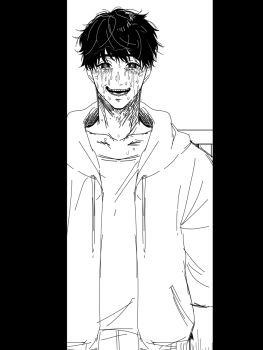 1boy black_eyes black_hair commentary crazy_eyes crying crying_with_eyes_open doorway evil_grin evil_smile greyscale grin hood hoodie horror_(theme) itoko_(ldoll_itk) looking_at_viewer monochrome open_clothes open_hoodie original peeking pov smile stalking streaming_tears tears translated yandere