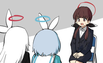 3girls absurdres alternate_costume arona_(blue_archive) black_jacket black_shirt black_skirt blue_archive blue_hair blue_halo blue_shirt bow bright_pupils brown_eyes brown_hair buttons chair commentary_request dot_nose facing_away from_behind grey_background hair_bow halo hands_on_lap highres interview jacket light_blush long_hair long_sleeves looking_at_another low_twintails multiple_girls office_lady ohitome_kohane on_chair open_mouth pencil_skirt plana_(blue_archive) project_kv red_halo sailor_collar shirt short_hair simple_background sitting sketch skirt suit_jacket sweatdrop tenten_(chan4545) traditional_halo twintails two-tone_background v-shaped_eyebrows white_background white_bow white_hair white_pupils white_sailor_collar white_shirt