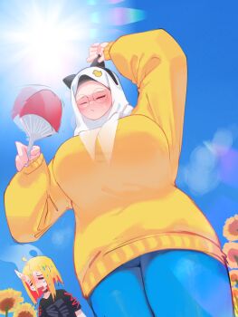 Rule 34 | 2girls, alv4febrian, animal ear hairband, animal ears, ayuu (alv4febrian), black shirt, blonde hair, blue pants, blue sky, breasts, cat ear hairband, cat ears, closed eyes, day, fake animal ears, flower, glasses, hairband, hand fan, highres, hijab, horns, huge breasts, multicolored hair, multiple girls, onie (alv4febrian), original, outdoors, pants, paper fan, red hair, round eyewear, shirt, single horn, sky, sunflower, sweat, sweater, two-tone hair, white hijab, yellow sweater
