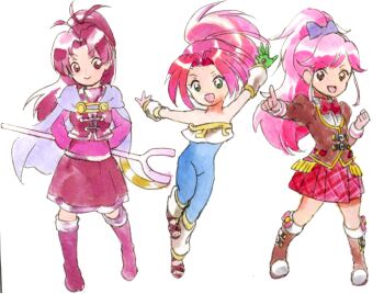 3girls bare_shoulders brown_eyes cape character_request closed_mouth color_connection commentary_request detached_sleeves gloves golden_sun green_eyes hair_color_connection high_ponytail highres holding holding_staff jenna_(golden_sun) legaia_densetsu long_hair multiple_girls noa_(legaia_densetsu) open_mouth pink_hair ponytail simple_background skirt smile staff strapless unitard wakewaka_ran white_background