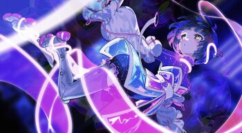 1girl aru_(kamitsubaki_studio) belt black_hair blush colorful dutch_angle eyelashes facial_mark headwear_request highres kamitsubaki_studio leg_up light long_sleeves looking_to_the_side magic necktie open_mouth puffy_long_sleeves puffy_sleeves purple_theme reflection shadow shoes short_hair sinsekai_record solo standing virtual_youtuber yellow_eyes yoneyama_mai