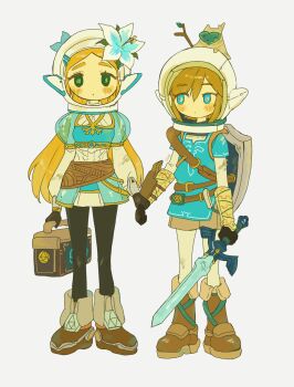 1boy 1girl aqua_eyes aqua_shirt aqua_tunic black_gloves black_pants blonde_hair blush boots branch breasts brown_boots couple creature_on_head didi_en_ilu dirty flower full_body gloves gold_trim green_eyes grey_shorts hair_between_eyes hair_flower hair_ornament helmet hetero highres holding holding_branch holding_hands holding_sword holding_weapon juliet_sleeves korok link long_hair long_sleeves looking_at_another master_sword medium_breasts nintendo pants parted_bangs pointy_ears princess_zelda puffy_sleeves see-through_clothes see-through_sleeves shield shield_on_back shirt short_hair shorts silent_princess space_helmet sword the_legend_of_zelda the_legend_of_zelda:_breath_of_the_wild thick_eyebrows tunic vambraces weapon white_background