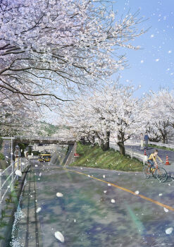 bicycle blue_sky bridge bus cherry_blossoms commentary_request daigo_fujiie dappled_sunlight day falling_petals highres motor_vehicle original outdoors people petals photorealistic realistic riding riding_bicycle road scenery sky standing street sunlight tree