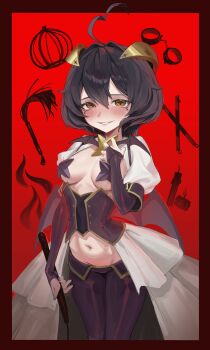 1girl absurdres ahoge apopo black_bridal_gauntlets black_corset black_hair black_pants black_wings blush breastless_clothes breasts bridal_gauntlets brown_eyes commentary_request corset cross cross-shaped_pupils cross_facial_mark cross_pasties facial_mark forward-facing_horns hair_between_eyes hair_intakes highres hiiragi_utena holding holding_riding_crop horns layered_skirt looking_at_viewer lowleg lowleg_pants magia_baiser mahou_shoujo_ni_akogarete medium_breasts navel pants pasties puffy_short_sleeves puffy_sleeves purple_corset red_background riding_crop short_hair short_sleeves showgirl_skirt shrug_(clothing) simple_background skirt smile solo stomach symbol-shaped_pupils white_shrug white_skirt wings yellow_horns