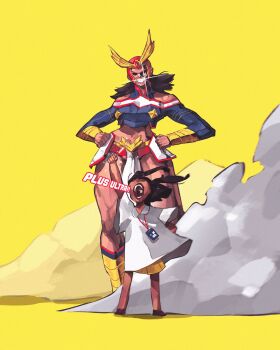 2girls all_might black_hair boku_no_hero_academia crop_top dust full_body genderswap genderswap_(mtf) grin hands_on_own_hips highres legs long_hair multiple_girls muscular muscular_female navel oversized_clothes oversized_shirt partially_shaded_face patrick_ganas plus_ultra_(phrase) shirt shouting smile standing wide_hips yellow_background