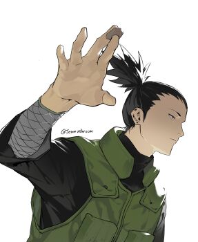 Rule 34 | 1boy, absurdres, black hair, black shirt, closed mouth, earrings, fishnet sleeves, fishnets, green vest, highres, holding, holding rock, jenmushroom, jewelry, looking to the side, male focus, medium hair, nara shikamaru, naruto (series), ponytail, rock, shirt, solo, turtleneck, twitter username, upper body, vest, white background