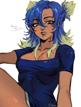 1girl alternate_costume artist_name blonde_hair blue_hair blush brown_eyes brown_lips english_text feiyuu highres multicolored_hair neon_(valorant) short_sleeves simple_background solo speech_bubble square_neckline sweat talking two-tone_hair upper_body valorant white_background