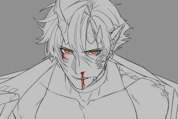 Rule 34 | 1boy, ark1478, arknights, bishounen, blood, blood on face, commentary request, cuts, demon boy, demon horns, flamebringer (arknights), grey background, hair between eyes, highres, horns, injury, looking at viewer, male focus, material growth, monochrome, nosebleed, orange eyes, oripathy lesion (arknights), pointy ears, short hair, simple background, solo, spot color