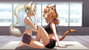 2girls absurdres animal_ears bell black_shirt blush clenched_teeth closed_eyes covering_own_mouth exercising filian_(vtuber) fox_ears fox_girl fox_tail franek89 gym_shirt gym_shorts hair_bell hair_ornament highres holding_another's_legs indie_virtual_youtuber multiple_girls orange_hair shirt shorts shyrei_faolan sweat tail teeth virtual_youtuber white_hair white_shirt yuri