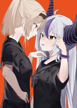 2girls absurdres ahoge alternate_costume angry black_hairband black_horns black_sailor_collar black_serafuku black_skirt blonde_hair blue_eyes blue_neckerchief braid braided_bangs brown_eyes commentary_request demon_horns double-parted_bangs evening_rabbit eye_contact from_side grey_hair hairband highres hololive horns huge_horns kazama_iroha la+_darknesss long_hair looking_at_another medium_hair multiple_girls neckerchief pointy_ears poking ponytail purple_streaks raised_inner_eyebrows red_background sailor_collar school_uniform scratching_head serafuku short_sleeves simple_background single_hair_streak skirt striped_horns upper_body very_long_hair virtual_youtuber