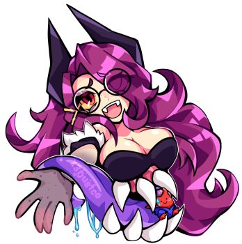 1boy 1girl black_dress black_hands black_horns breasts cleavage colored_extremities colored_sclera colored_tongue commentary dress english_commentary extra_mouth extra_tongue fangs freckles giwi_(vtuber) glasses hair_ornament highres horns indie_virtual_youtuber large_breasts long_hair long_tongue monster_girl purple_hair purple_tongue red_eyes round_eyewear rubberross_(demon) saliva sharp_teeth teeth tongue virtual_youtuber worm_girl x3dustco x_hair_ornament yellow_sclera