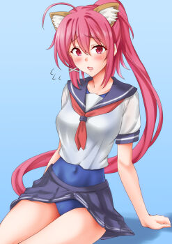 Rule 34 | 1girl, animal ears, anti (untea9), blue sailor collar, blue skirt, blush, breasts, cat ears, commentary request, hair ornament, hair ribbon, highres, i-168 (kancolle), kantai collection, long hair, looking at viewer, medium breasts, neckerchief, open mouth, pleated skirt, ponytail, red eyes, red hair, red neckerchief, ribbon, sailor collar, school swimsuit, school uniform, serafuku, sitting, skirt, smile, solo, swimsuit, swimsuit under clothes