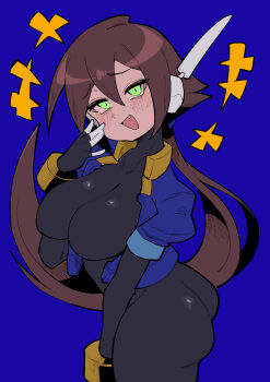 1girl absurdres aile_(mega_man_zx) ass black_bodysuit blue_background blue_jacket blush bodysuit breasts brown_hair buzzlyears commentary cowboy_shot cropped_jacket fang green_eyes highres jacket large_breasts long_hair mega_man_(series) mega_man_zx mega_man_zx_advent ponytail robot_ears simple_background solo