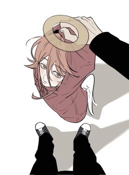 2boys angel_devil_(chainsaw_man) angel_wings black_pants chainsaw_man closed_mouth drawstring hair_between_eyes halo hayakawa_aki height_difference highres hood hood_up hoodie long_sleeves looking_at_another male_focus multiple_boys out_of_frame pants red_hair red_hoodie shoes tus_oo white_wings wings