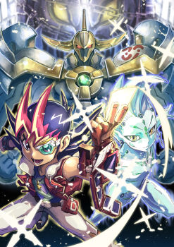 3boys astral_(yu-gi-oh!) black_hair blue_hair blue_shirt blue_skin card colored_skin deadspike_nine deck_of_cards group_picture highres holding holding_card jewelry male_focus mecha multicolored_hair multiple_boys number_39_utopia pants pendant red_hair red_vest robot scouter shirt short_hair trading_card tsukumo_yuma two-tone_hair vest white_pants yellow_eyes yu-gi-oh! yu-gi-oh!_zexal