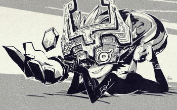 1girl ass commentary edtropolis english_commentary full_body greyscale grin helmet highres imp long_hair looking_at_viewer lying midna monochrome nintendo on_stomach one_eye_covered rupee_(zelda) screentones signature smile soles solo the_legend_of_zelda the_legend_of_zelda:_twilight_princess the_pose very_long_hair