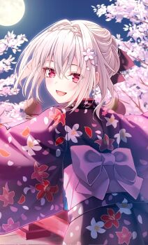 1girl :d alternate_costume alternate_hairstyle back_bow black_kimono black_ribbon blush bow braid commentary_request corrupted_twitter_file cowboy_shot crown_braid cuckoo_ki floating_hair floral_print floral_print_kimono flower from_behind full_moon hair_bun hair_flower hair_intakes hair_ornament hair_ribbon happy highres japanese_clothes kimono long_sleeves looking_at_viewer looking_back medium_hair moon night open_mouth outdoors print_kimono purple_bow red_eyes ribbon sakurakouji_luna single_hair_bun smile solo tsuki_ni_yorisou_otome_no_sahou white_flower white_hair wide_sleeves