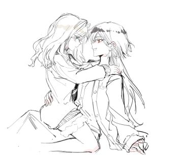 Rule 34 | 2girls, :d, blue eyes, blush, cardigan, ceras yanagida lilienfeld, ceras yanagida lilienfeld (sega lucky lottery sleepwear), closed mouth, commentary, edel note, fang, fur-trimmed shorts, fur trim, greyscale, highres, jellyfish cut, katsuragi izumi, katsuragi izumi (sega lucky lottery sleepwear), link! like! love live!, long hair, long sleeves, looking at another, looking down, love live!, monochrome, multiple girls, official alternate costume, open cardigan, open clothes, open mouth, orange eyes, profile, shorts, simple background, sitting, sitting on person, sleeves past wrists, smile, spot color, straddling, sweater, symbol-only commentary, turtleneck, turtleneck sweater, upright straddle, virtual youtuber, white background, yrxy settingsun, yuri