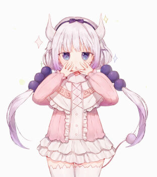 1girl :o absurdres bow buttons commentary cowboy_shot dot_nose dragon_girl dragon_horns dress frilled_dress frills hair_bobbles hair_bow hair_ornament hairband hands_on_own_cheeks hands_on_own_face highres horns kanna_kamui kobayashi-san_chi_no_maidragon loli long_hair looking_at_viewer open_mouth pink_dress pink_hair poyo_(shwjdddms249) purple_bow purple_eyes purple_hairband sidelocks simple_background solo sparkle thighhighs twintails white_background white_dress zettai_ryouiki