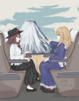 2girls absurdres black_hat black_shoes black_skirt blonde_hair blue_dress blue_eyes bow brown_shoes chinese_clothes cloud cloudy_sky dated dress frills hat hat_bow highres kashiwada_kiiho long_dress long_sleeves looking_at_another maribel_hearn medium_hair mountain multiple_girls open_mouth red_bow retrospective_53_minutes sash shirt shoes short_hair sitting skirt sky talking touhou train train_interior usami_renko white_bow white_shirt