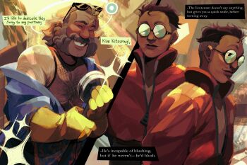 2boys blue_jacket bomber_jacket buzz_cut character_name closed_eyes commentary disco_elysium english_commentary english_text eyewear_on_head facial_hair glasses gloves grey_hair grin harry_du_bois highres holding holding_microphone jacket jacket_partially_removed kim_kitsuragi microphone multiple_boys multiple_views mustache mutton_chops orange_jacket short_hair smile sunglasses tank_top time_woods very_short_hair yellow_gloves