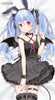 1girl alternate_costume animal_ear_hairband animal_ears bed_sheet belt_collar black_dress black_nails black_thighhighs breasts center_cross_lace chain collar commentary_request company_name copyright_notice criss-cross_straps demon_girl demon_horns demon_tail demon_wings dress extra_ears fake_animal_ears fake_horns fingernails frilled_dress frilled_thighhighs frills grin hairband hikimayu hololive horn_hairband horns light_blush long_hair long_sleeves looking_at_viewer lying multicolored_hair nail_polish o-ring o-ring_thigh_strap official_art on_back on_bed orange_eyes rabbit_ear_hairband rabbit_ears rabbit_girl rabbit_o-ring short_dress short_eyebrows side-tie_dress sleeveless sleeveless_dress small_breasts smile solo strap_slip streaked_hair tail teeth thick_eyebrows thigh_strap thighhighs twintails usada_pekora virtual_youtuber white_hair wings wrist_belt yuuki_hagure