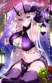 1girl arm_up armlet armpits bare_shoulders bikini black_horns breasts cleavage detached_sleeves fate/grand_order fate_(series) felnemo hair_between_eyes highres horns jewelry large_breasts long_hair looking_at_viewer navel purple_bikini red_eyes sarong swimsuit thighs tomoe_gozen_(fate) tomoe_gozen_(swimsuit_saber)_(fate) tomoe_gozen_(swimsuit_saber)_(second_ascension)_(fate) watermark white_hair