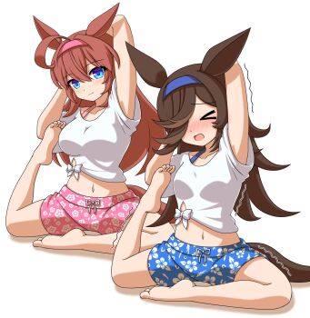 &gt;_&lt; 2girls absurdres ahoge alternate_costume animal_ears blue_eyes blue_hairband blue_shorts blush bra_strap breasts brown_hair closed_eyes closed_mouth flipped_hair floral_print hair_between_eyes hair_over_one_eye hairband highres horse_ears horse_girl horse_tail large_breasts long_hair looking_at_viewer midriff mihono_bourbon_(umamusume) multiple_girls navel open_mouth pink_hairband pink_shorts rice_shower_(umamusume) roppaku shirt shorts simple_background smile stretching tail tied_shirt umamusume white_background white_shirt yoga