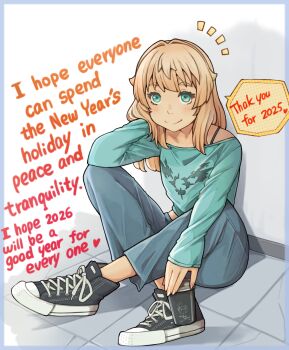 1girl against_wall alternate_costume bear black_shoes blonde_hair blue_border blue_pants border bridget_(guilty_gear) closed_mouth commentary cup disposable_cup elbow_on_knee english_commentary english_text green_eyes green_shirt guilty_gear hair_intakes hand_in_own_hair happy_new_year heart highres holding holding_cup indian_style light_blush long_hair long_sleeves looking_at_viewer midriff_peek new_year notice_lines oversized_clothes oversized_shirt pants pattern_request shirt shoes single_off_shoulder sitting sleeves_past_wrists smile sneakers solo speech_bubble split_mouth spoken_heart sugajyun swept_bangs tile_floor tiles