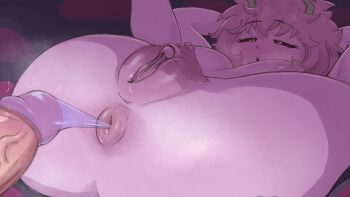 1boy 1girl absurdres after_anal anal ashido_mina ass ass_focus black_sclera blush boku_no_hero_academia breasts clitoral_hood clitoris colored_sclera colored_skin commentary completely_nude condom condom_on_penis english_commentary fat_mons female_pubic_hair greatm8 hetero highres horns large_breasts large_clitoris looking_at_viewer nipples nude parted_lips penis photoshop_(medium) pink_hair pink_skin pubic_hair pussy short_hair solo_focus spread_legs steaming_body uncensored veins veiny_penis yellow_eyes yellow_horns