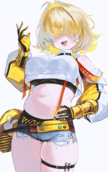 1girl absurdres ahoge bare_shoulders bbeedol black_shirt blonde_hair blue_shorts breasts clothing_cutout cowboy_shot crop_top crop_top_overhang cutoffs denim denim_shorts elegg_(nikke) exposed_pocket facing_viewer fang gloves goddess_of_victory:_nikke hair_over_eyes hand_on_own_hip hand_up highres large_breasts long_sleeves medium_breasts medium_hair micro_shorts midriff navel open_mouth plump puffy_long_sleeves puffy_sleeves shirt short_shorts shorts shoulder_cutout simple_background skindentation smile solo stomach suspenders thick_thighs thigh_strap thighs two-tone_gloves undershirt white_background white_shirt