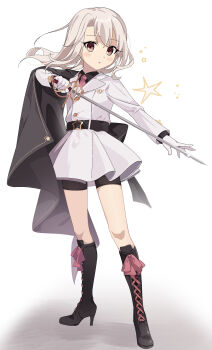 1girl absurdres akaneko016 back_bow belt bike_shorts black_belt black_boots black_bow black_cape black_shirt black_shorts blush_stickers boots bow cape collared_shirt fate/grand_order fate/kaleid_liner_prisma_illya fate_(series) floating_hair full_body gloves grey_hair hair_between_eyes high_heel_boots high_heels highres holding holding_sword holding_weapon illyasviel_von_einzbern jacket lapels long_hair long_sleeves looking_at_viewer necktie open_mouth pink_necktie purple_bow red_eyes shadow shirt shorts simple_background solo sparkle standing star_(symbol) star_ornament star_print sword weapon white_background white_gloves white_jacket