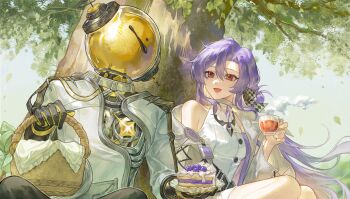 1boy 1girl :d absurdres artist_request bare_shoulders basket black_gloves blue_sky blueberry cake cake_slice coat commentary_request commission cup ferrofluid fishbowl_helmet food fruit gloves highres holding holding_basket holding_cup holding_plate jumpsuit oc_x_canon open_mouth original picnic_basket plate purple_hair red_eyes reverse:1999 second-party_source shirt sitting sky smile steam tea tree ulrich_(reverse:1999) upper_body white_coat white_jumpsuit white_shirt