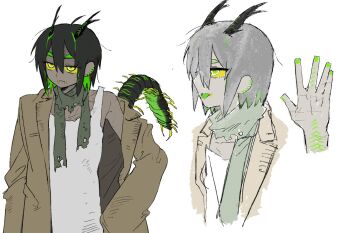 1girl allsu_official antennae arthropod_girl arthropod_tail black_hair brown_coat centipede_girl coat colored_inner_hair colored_sclera commentary dark-skinned_female dark_skin english_commentary fangs green_eyes green_hair green_nails green_scarf hand_on_own_hip looking_at_viewer multicolored_hair original red_pupils scar scarf scars_all_over simple_background tank_top too_many upper_body white_background yellow_sclera